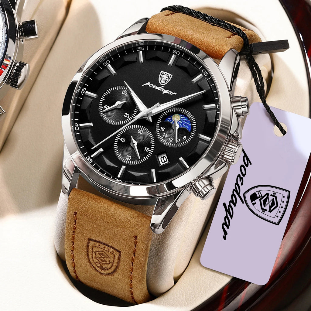 POEDAGAR ChronoMaster Leather Quartz Watch