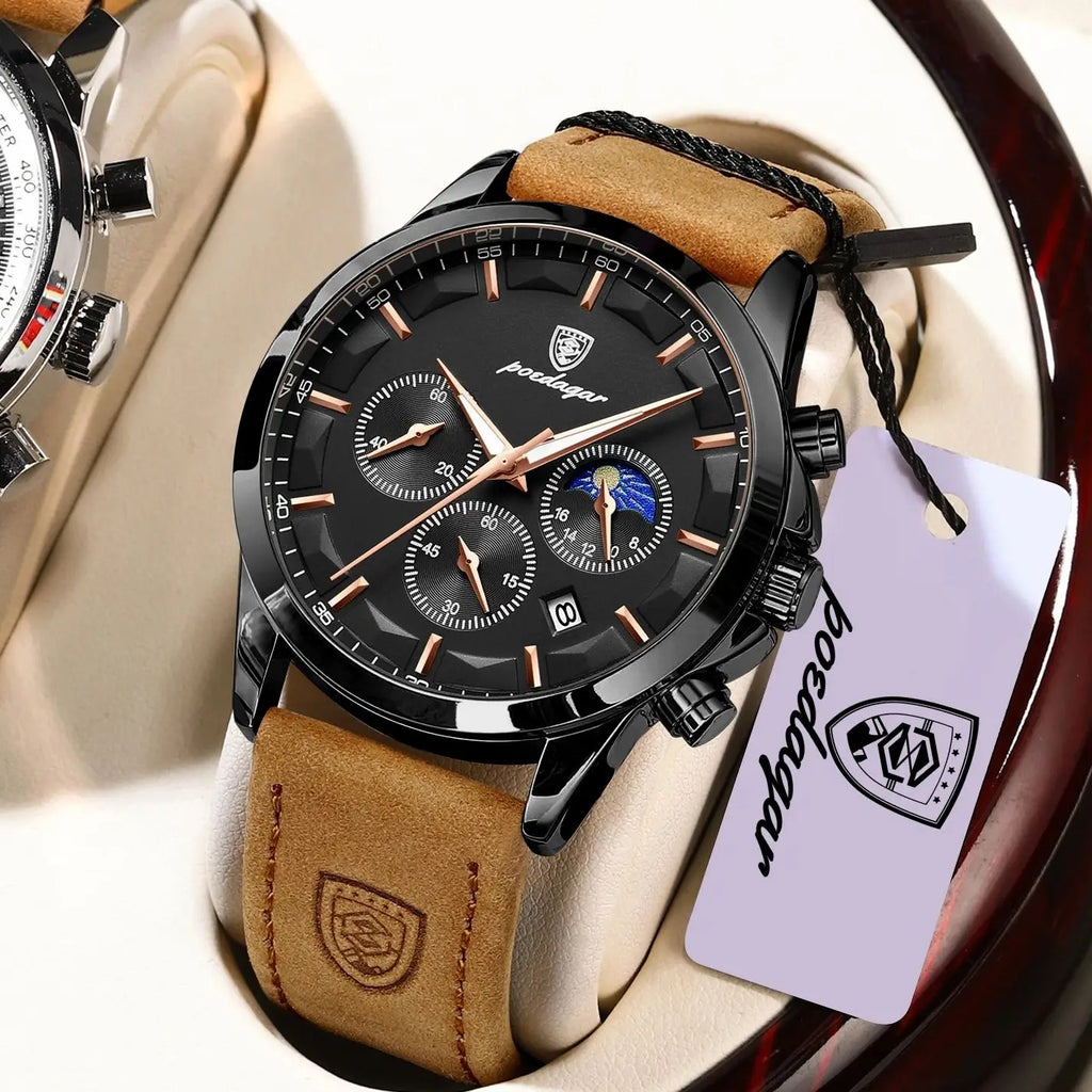 POEDAGAR ChronoMaster Leather Quartz Watch