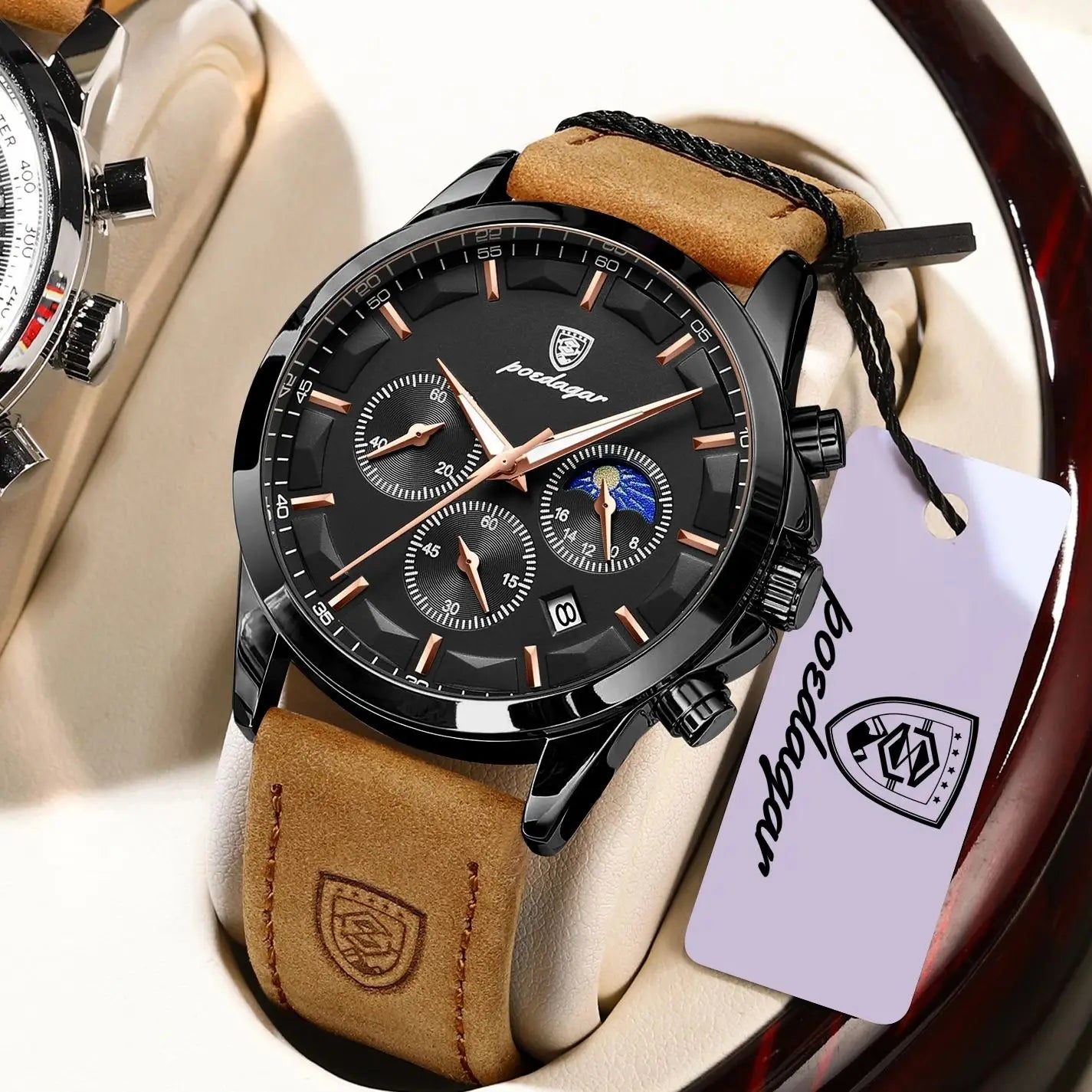 POEDAGAR ChronoMaster Leather Quartz Watch