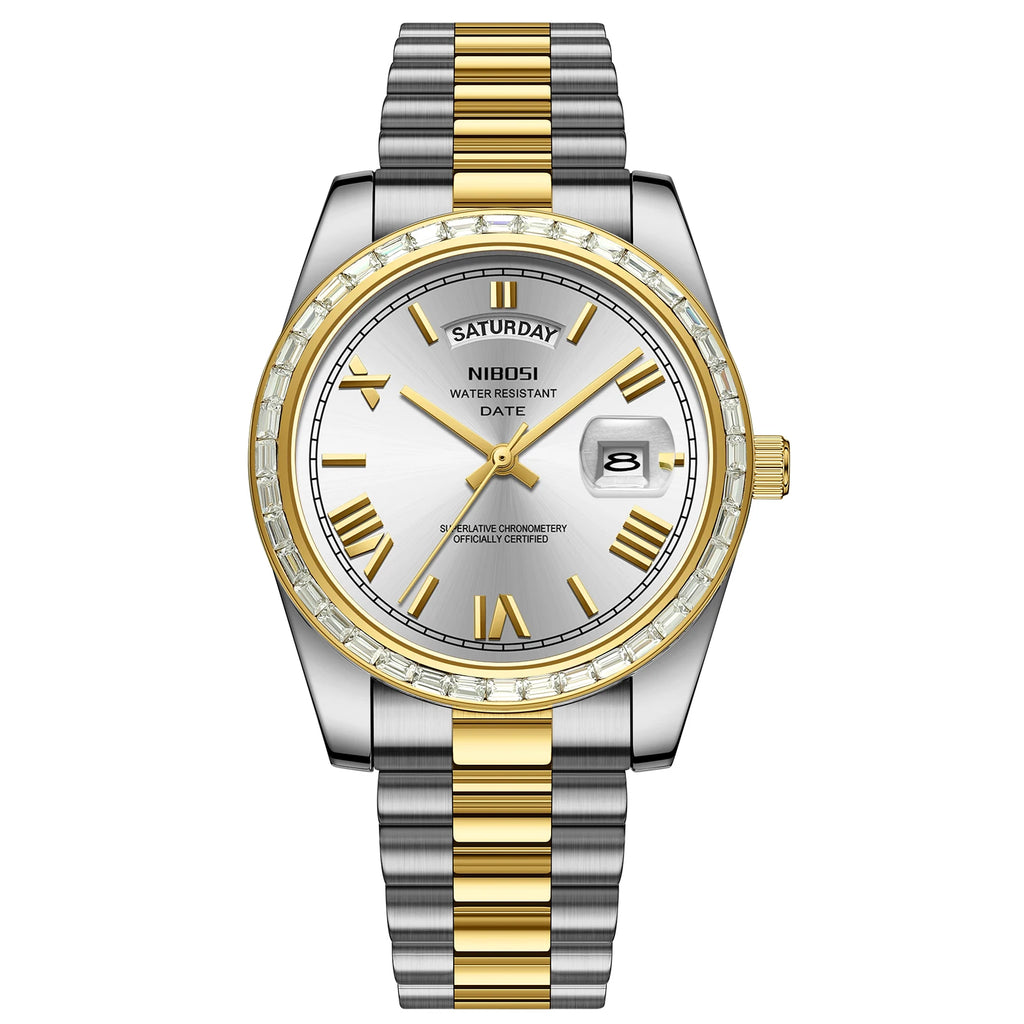 NIBOSI Luxury Men's Quartz Watch – Diamond Bezel Stainless Steel Waterproof Business Watch with Day & Date Display