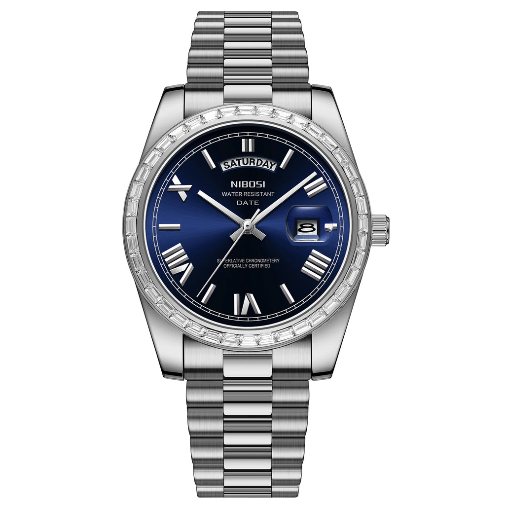 NIBOSI Luxury Men's Quartz Watch – Diamond Bezel Stainless Steel Waterproof Business Watch with Day & Date Display