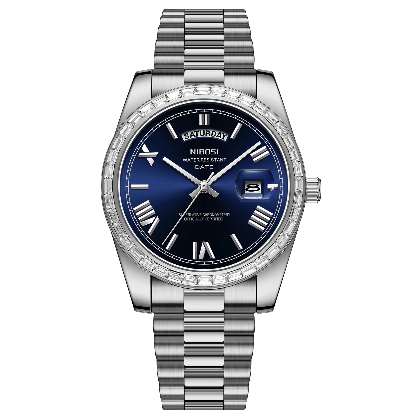NIBOSI Luxury Men's Quartz Watch – Diamond Bezel Stainless Steel Waterproof Business Watch with Day & Date Display